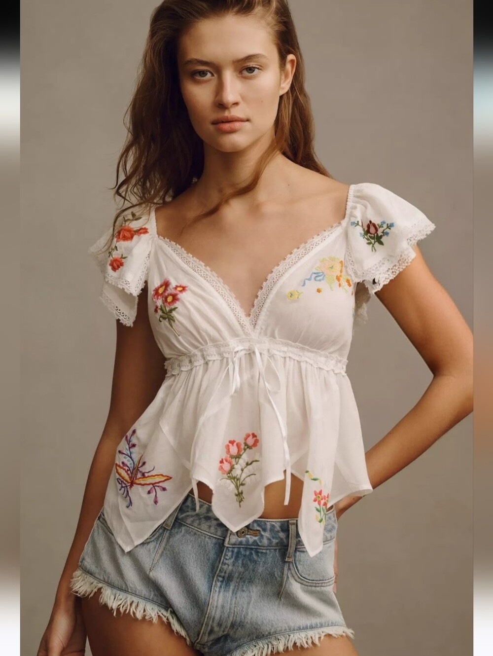 ANTHROPOLOGIE Patched Hanky Babydoll Top White Embroidered Lace Trim Large NWOT